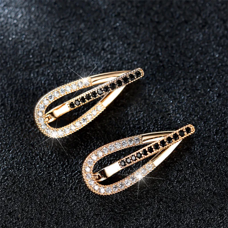 Cute Female White Stone Earrings Charm Gold Color Clip Earrings For Women Crystal Black Zircon Wedding Jewelry