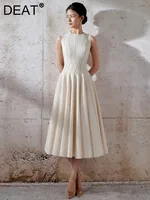 فستان نسائي عالي الخصر بلا أكمام برقبة دائرية ، خطوط براقة ، فساتين أنيقة بطيات ، أحادي اللون ، موضة الربيع ، جديد ، 140db381 1