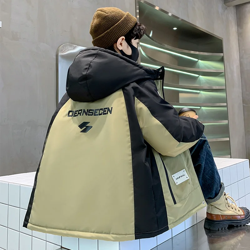 New Fall Winter Children's Boy Casual Parka Jackets Patchwork Outerwear Thermal Clothes Hooded Teen Boys Korean Parka Coat 5-14T