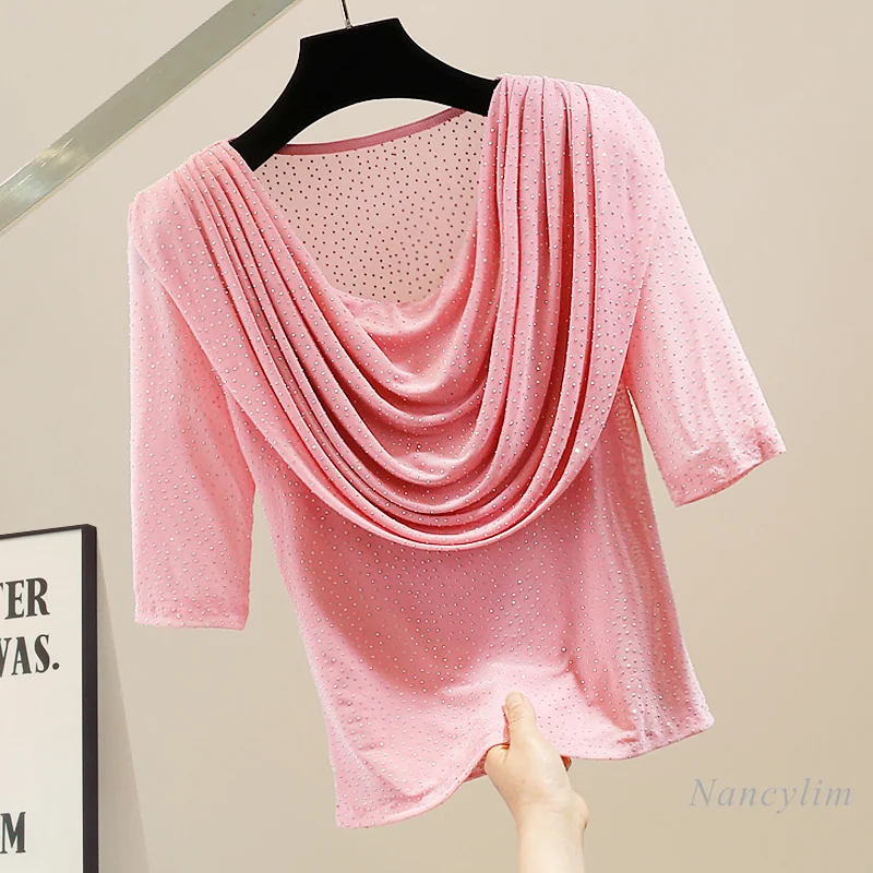 

2024 Spring Summer Fold Round Neck T-Shirts for Women False Two Pieces Mesh Bottoming Shirt Half Sleeve Slim Fit Rhinestone Top