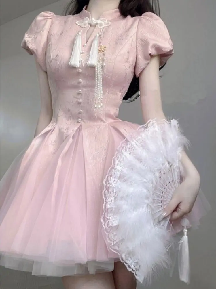 

New Chinese Style Heavy Industry Improved Cheongsam High-Grade Pink Dress National Style Princess Fluffy
