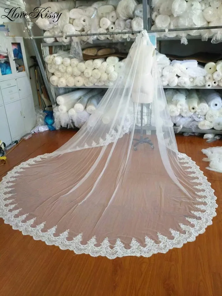 

1 Tier Long Wedding Veil Appliques Full Lace Edge Mantilla Bridal Veil Cathedral Length Velos De Novia White Ivory