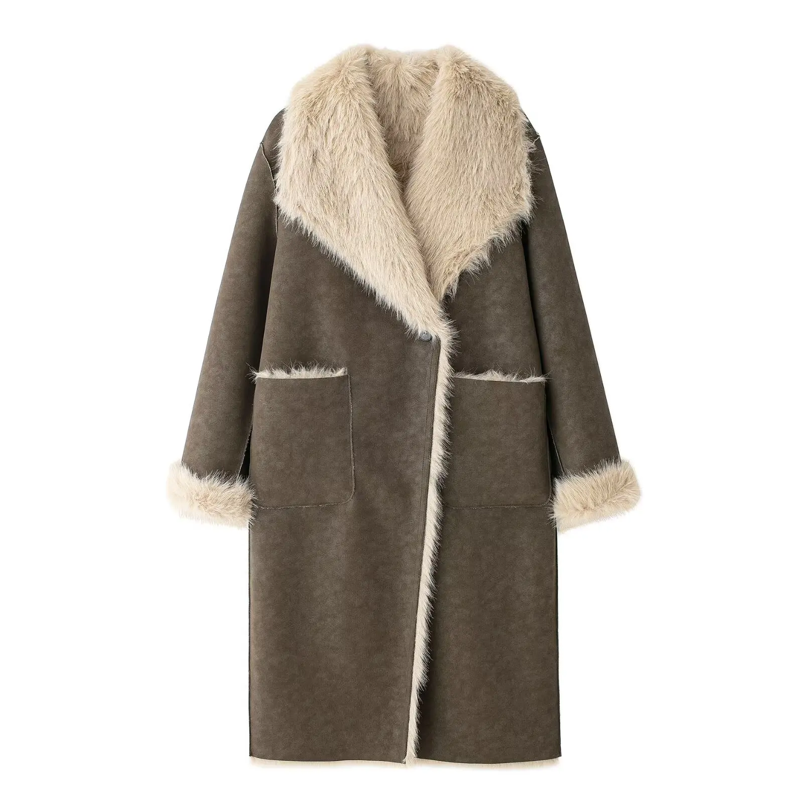 Women Faux Fur Suede Long Coat Female Casual Full Sleeve Lapel Single Button Female Jackets Autumn Winter Lady Reversible Outwea