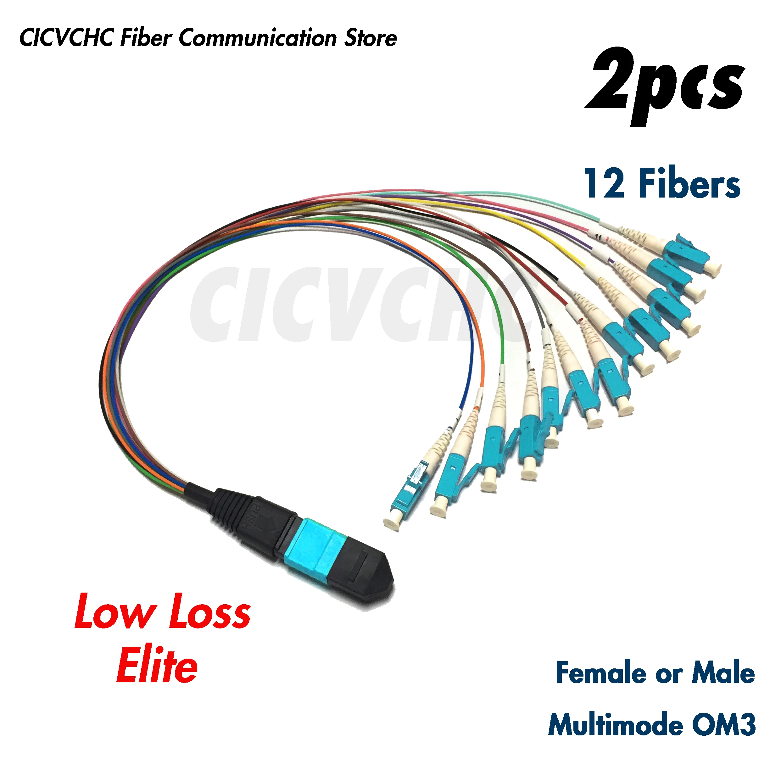 2pcs 12Fibers MPO/UPC - LC/UPC-Harness cable-MM OM3-300-0.35m 0.9mm colored tube-Elite/Low Loss-Male/Female