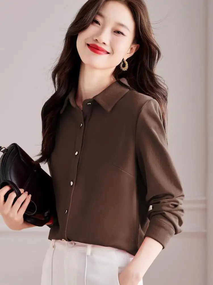 

Женская Классическая однобортная блузка, свободная плюшевая рубашка с длинным рукавом, простой кардиган во французском стиле, топы, женская одежда, новинка