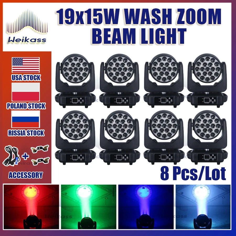 

0 Tax 8Pcs New LED 19x15W RGBW Beam+Wash Zoom Moving Head Light DMX 16/20 CH DJ Disco Part Church TV Studio Stage Effect