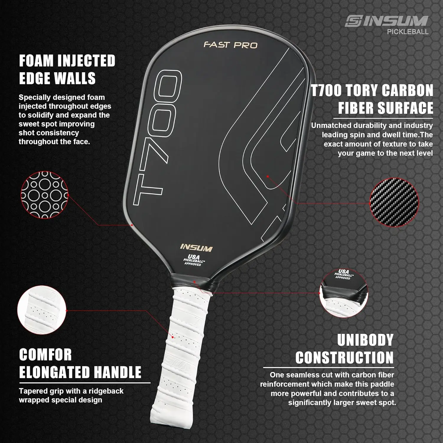 T700 Hybrid Pickleball Paddles, 16mm USAPA Approved, Toray T700 Carbon Fiber, Lightweight Super Fast Speed for Extra Pro Power