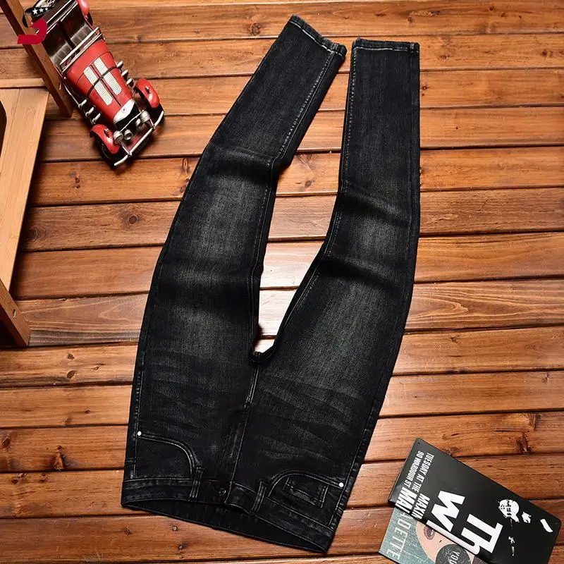 High-end Trendy Men's Jeans Fashion Printed Loose Straight Casual Stretch Black Gray Long Pants 4