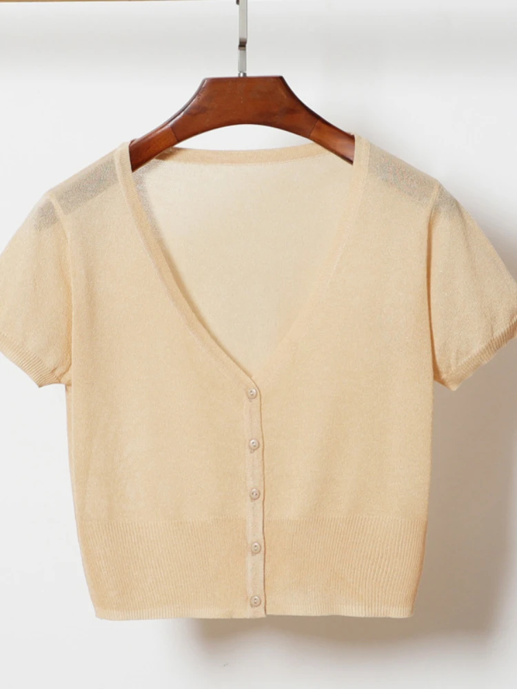 아이스 실크 니트 여성 스웨터, 캐주얼 크롭 반팔, 가디건 니트웨어, 여성 블라우스, 슬림핏 상의, 한국 패션 재킷