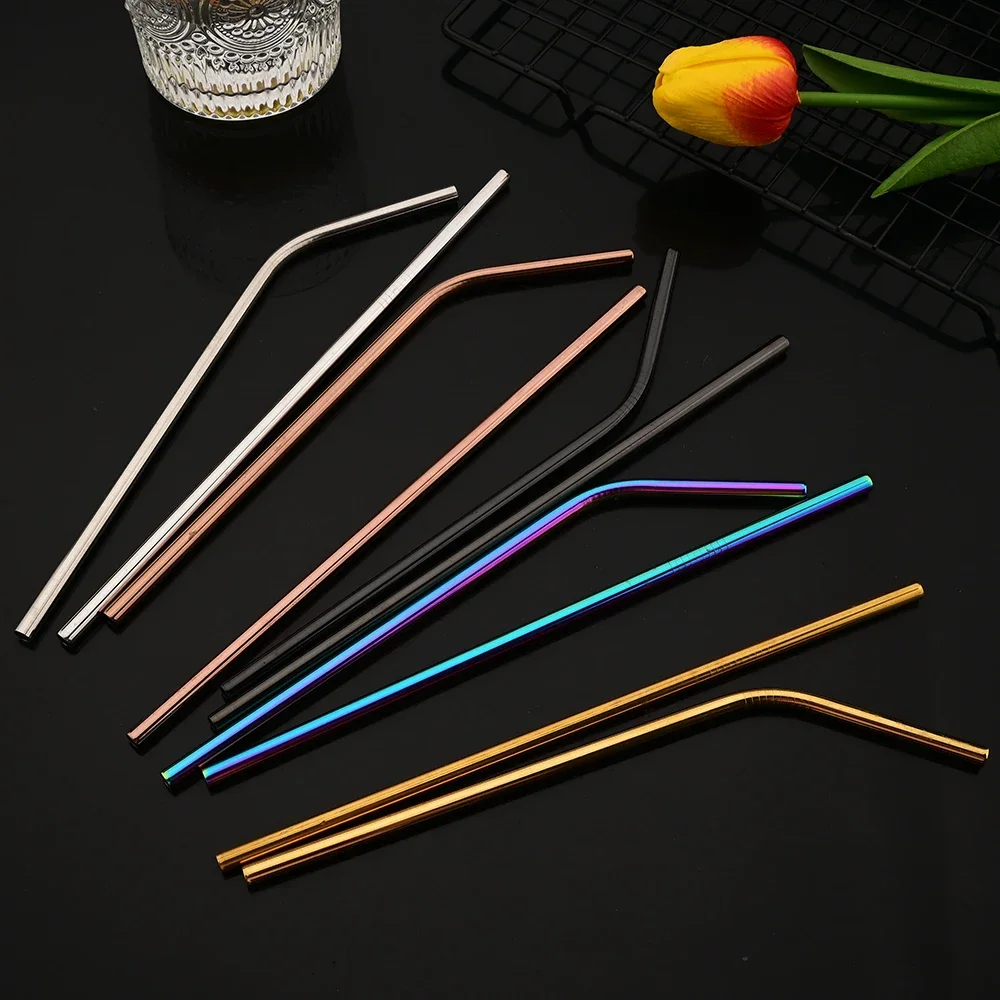 Silver Reusable Stainless Steel Drinking Straws Set with Cleaning Brush