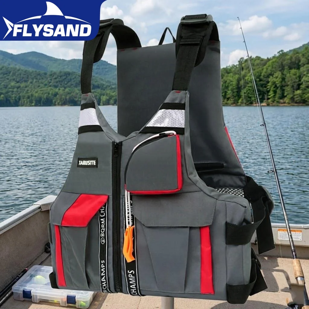 높은 부력의 낚시 조끼, 낚시, 보트, 수상 스포츠용 조절 가능한 안전 스트랩이..