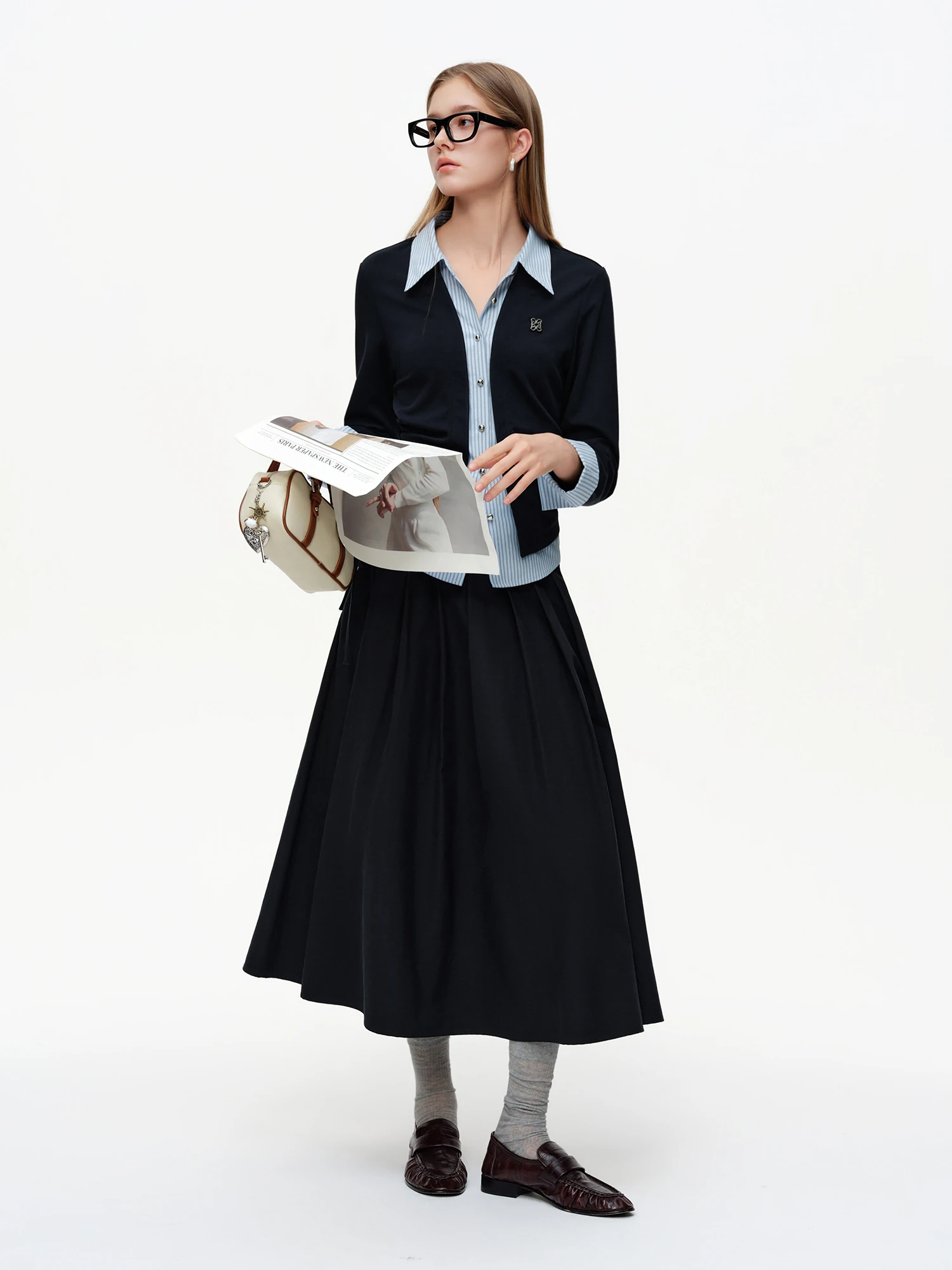 DUSHU 2025 Spring New High Waist 3D Pleated Skirt with Side Tie Layered Ruffle Midi Skirt Fashion Casual Bodycon Pencil Skirt