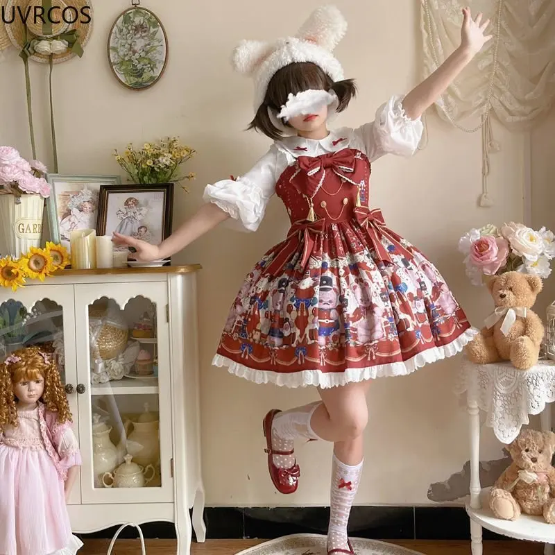 Kawaii Lolita Jsk Dress lolita dress lolita suspender dress lolita cosplay costumes suspender dress Women Sweet Lace Ruffles Cartoon Bear Print Party Mini Dresses