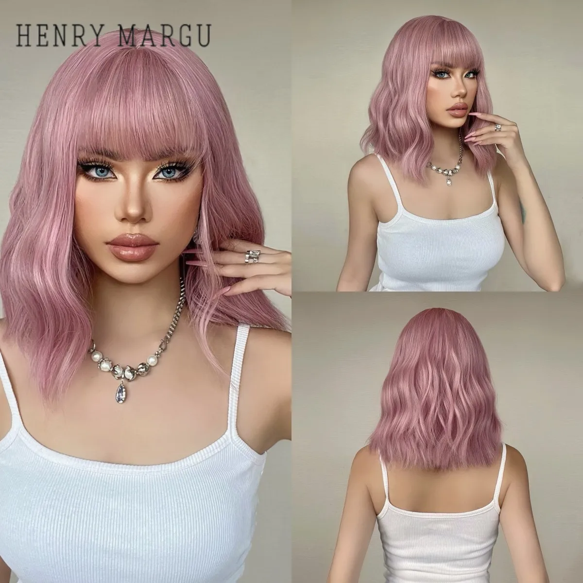 

HENRY MARGU Pink Synthetic Natural Wigs Short Wavy Bobo Hair Wigs for Women With Bangs Heat Resistant Fiber Daily Lolita Wigs