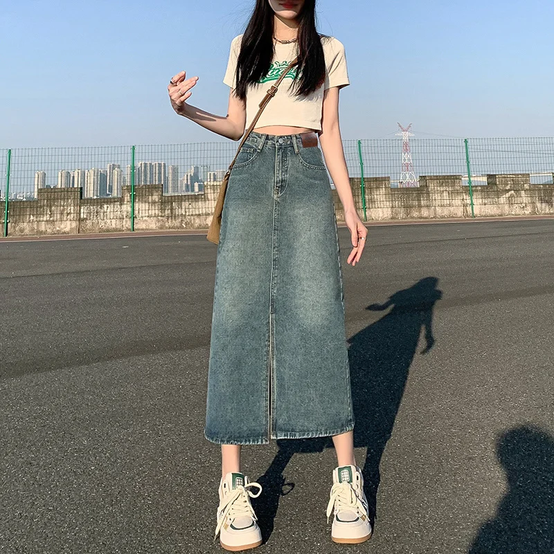 

Summer Long Skirts for Women 2023 Korean Style High Quality Midi Denim Skirt Female Casual Vintage Blue Knee Length Jeans Shorts
