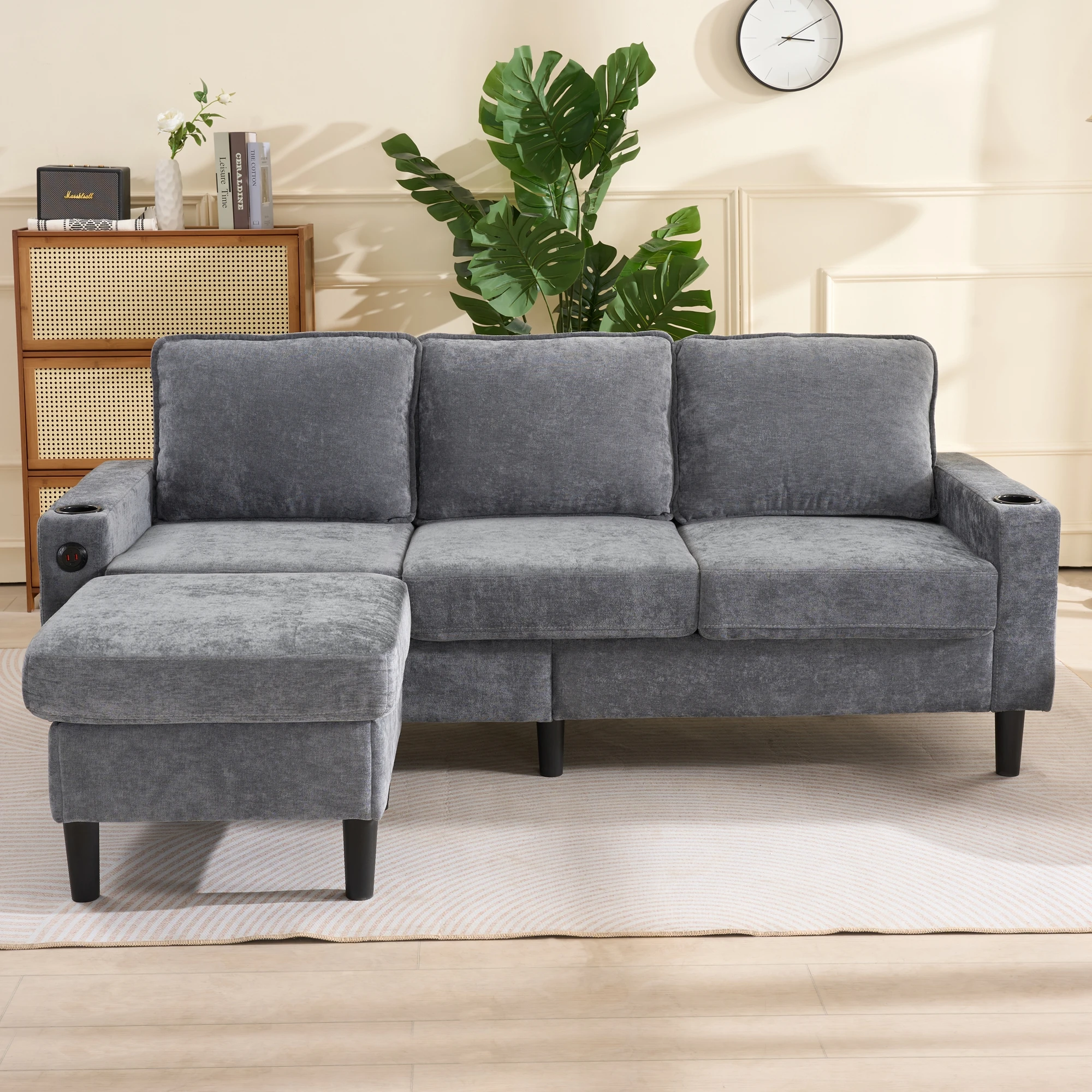 KOMHTOM Gepolstertes L-förmiges Schlafsofa Leinen, 3-Sitzer mit USB- & Typ-C-Anschlüssen + 2 Getränkehaltern – Detail 5