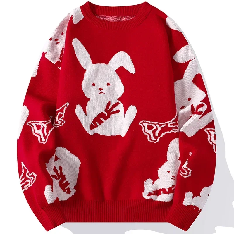 

2024 New Fall Winter Japanese Rabbit Pattern Cashmere Sweater Men Knitwear Soft Warm Mens Christmas Jumper Hip Hop Male Sweaters