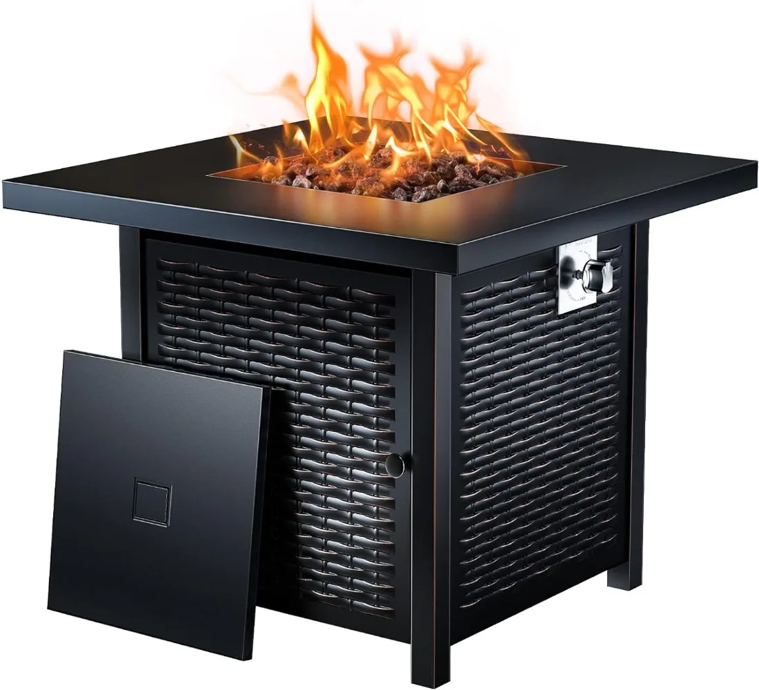 

Outdoor Gas Fire Pit Steel Fire Table with Cover and Volcanic Rock Suitable for Terrace Deck Garden Party Black