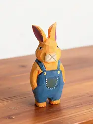 Hand Carved Wooden Bunny Figurine - Charming Desk Ornament and Home Decor Gift (Blue)
