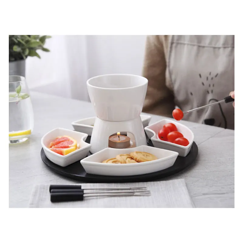 White Ceramic Chocolate Fondue Pot 4 Dishes Forks Porcelain Diy Fondue Serving Set Cheese Chocolate Icecream chocolate warmer fondue set
