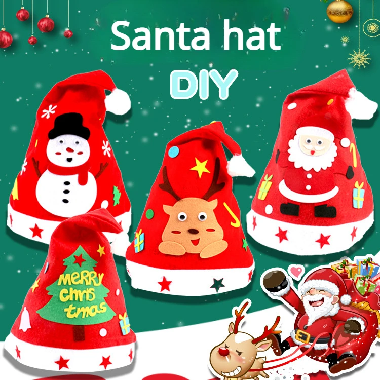 

Christmas Children's Handmade Diy Santa Hat Making Materials Pack Creative Woven Fabric Toy Cartoon Hat for Toddlers Kids Crafts