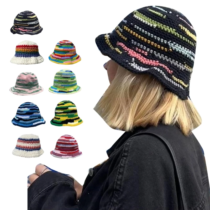 

634C Rainbow Fisherman Hat Handwoven Breathable Cloches Style Vintage Colorful Hat Crochet Rainbow Photo Props Headgear