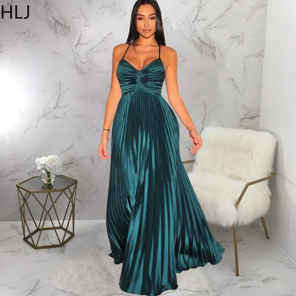 

HLJ Sexy Deep V Pleated Suspended Dress Women Thin Strap Backless Party Club A-line Dress Fashion Lady Looes Party Club Vestidos