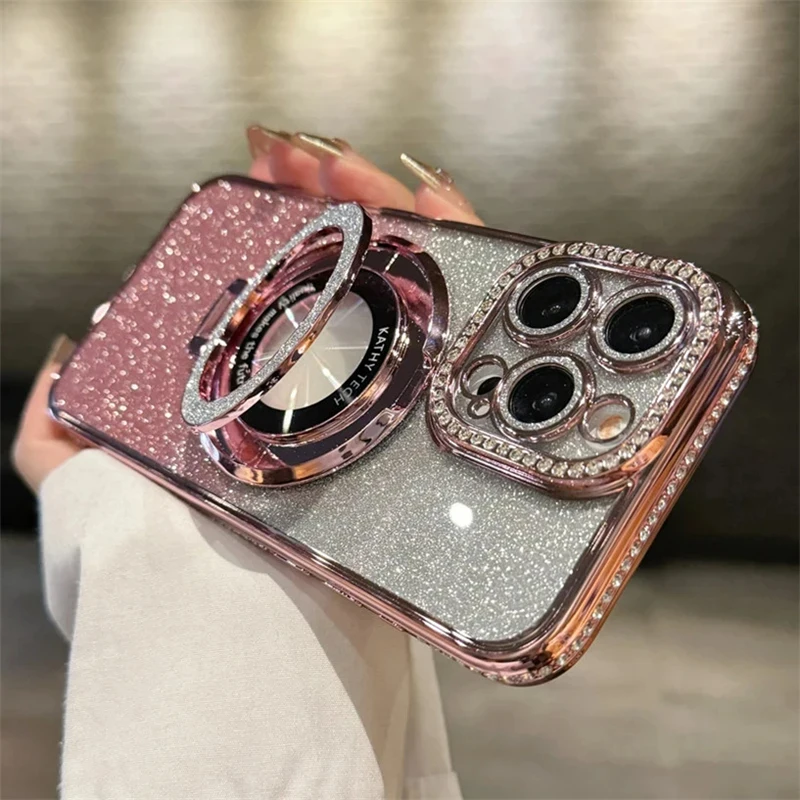 Luxury Plating For Magsafe Magnetic Stand Holder Glitter Diamond Case For iPhone 15 11 12 13 14 Pro Max Plus Soft Silicone Cover