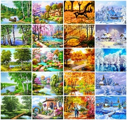 AZQSD Full Drill Diamond Painting Tree Spring Autumn Winter Diamond Embroidery Landscape Season Mosaic Rhinestones Home Decor