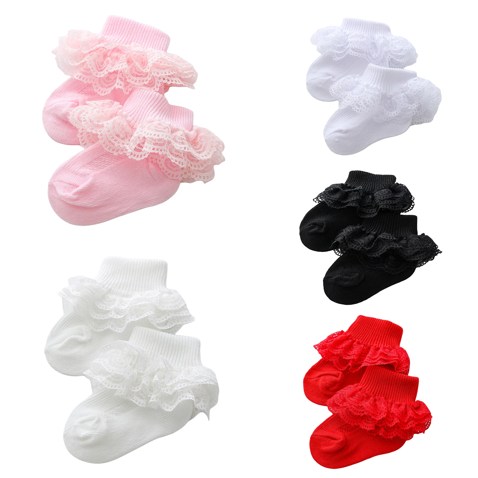 FOCUSNORM 0-12M Baby Girls Boys Socks 5 Colors Solid Cute Frilly Lace Flowers Birthday Gift Socks 2