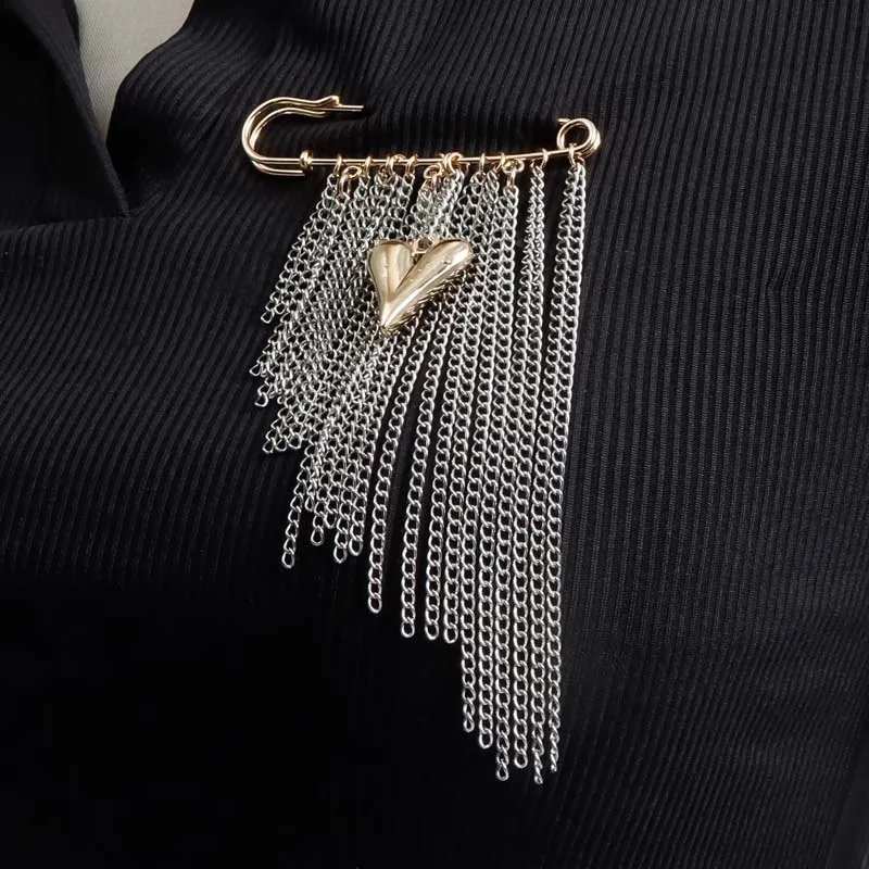 Metal Heart Tassel Brooch Exaggerated Silver Color Pearl