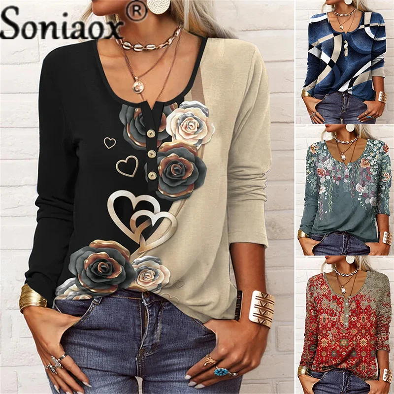 Women's Elegant Geometric Flower Print U Neck Button Long Sleeves T-shirts