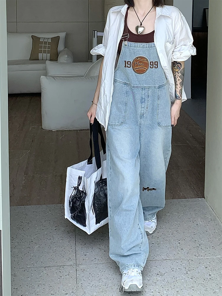 American Vintage Embroidery Letters Denim Jumpsuit Women High Waist Loose Wide Leg Straps Jeans Streetwear Overall Trousers