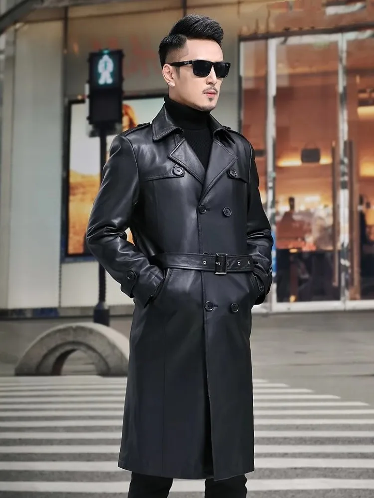 Leather Trench Trench Coat Hombre Business Men Double Breasted