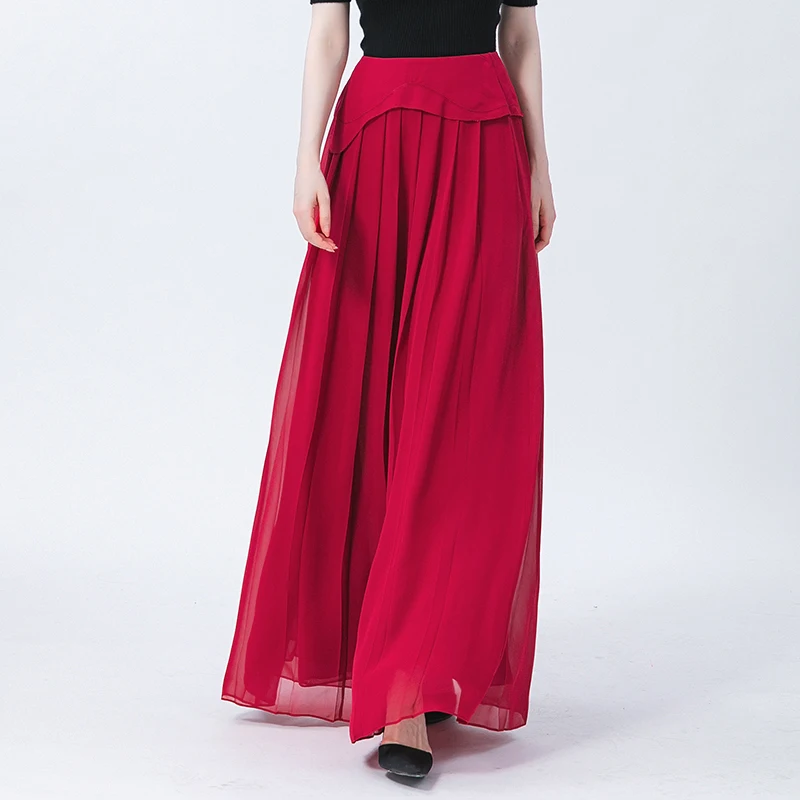 

100% Real Silk Georgette Wine Red Skirt Wavy Fold Invisible Side Pull Double Layer Elegant Woman Skirts Summer 2022 CE115