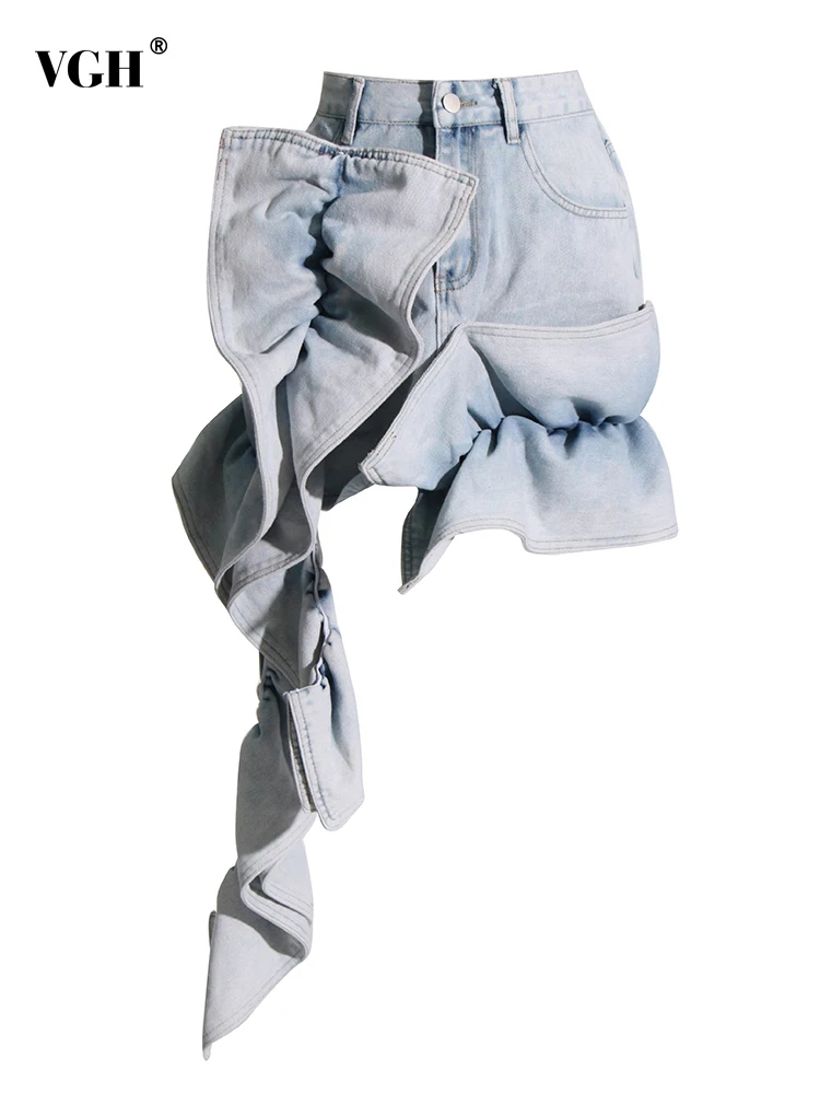 

Женская джинсовая мини-юбка с рюшами VGH, однотонная Повседневная нестандартная юбка с высокой талией, на пуговицах, в стиле пэчворк