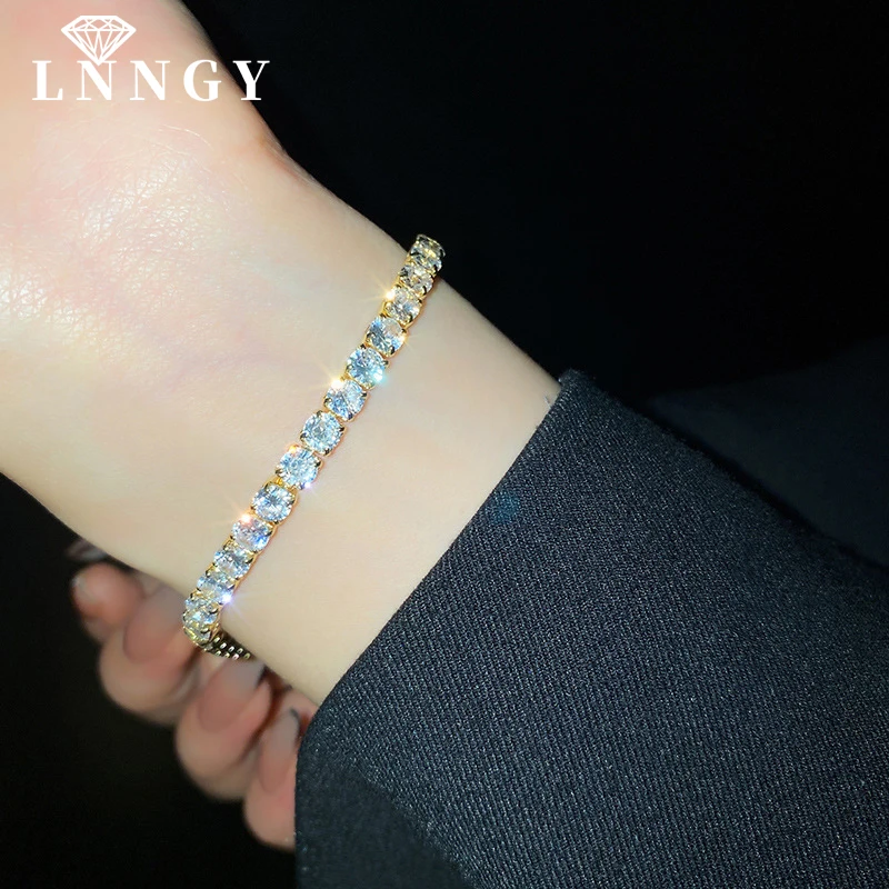 Lnngy 인증 3MM 0.1ct 여성용 남성용 풀 모이사나이트 테니스 팔찌 14K 골드 충전 팔찌 반짝이는 핸드 주얼리 선물