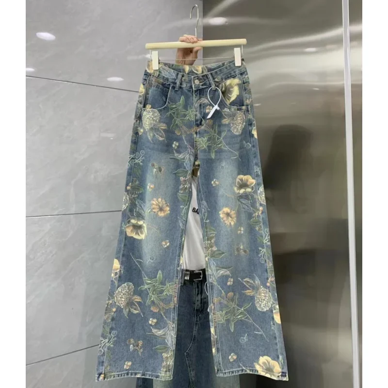 Trendy Printed Jeans for Girls In Spring Autumn Wide Leg Denim Pants for Girls High Waisted Slim Pants for Women Baggy Jeans