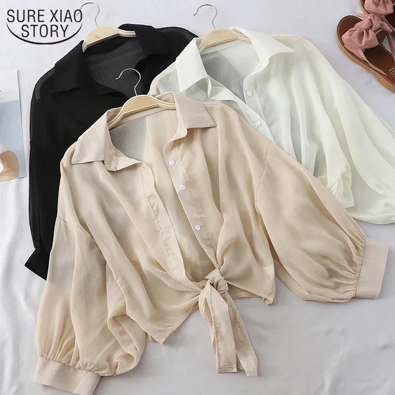 

2024 Summer Half Sleeve Buttoned Up Shirt New Loose Casual Blouse Chiffon Shirts Women Tied Waist Elegant Blouses for Women 9776