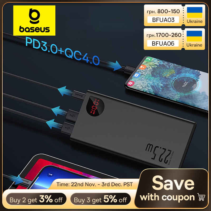 Baseus 22.5W Power Bank 10000mAh 20000mah Fast charge for iPhone Xiaomi