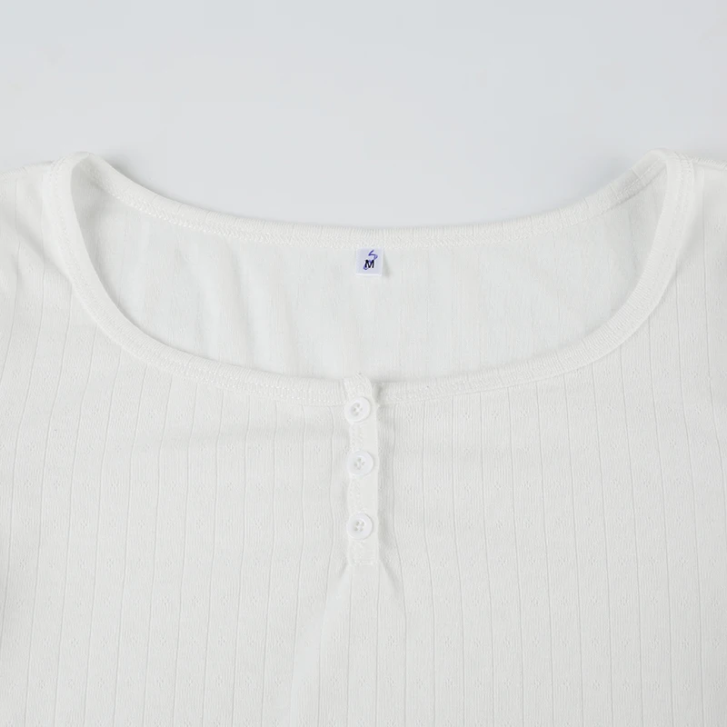 White Solid Hook Hollow Knitted Slim Long Sleeve Cropped T Shirt Women Button Up O Neck Basic Simple Casual Spring Autumn Tees
