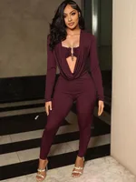 Sisterlinda Swinging Neck Slim Jumpsuits Sexy Hot Solid Cleavage Full Sleeve Elastic Overalls+Inside Chest Tanks Mujer Clubwear