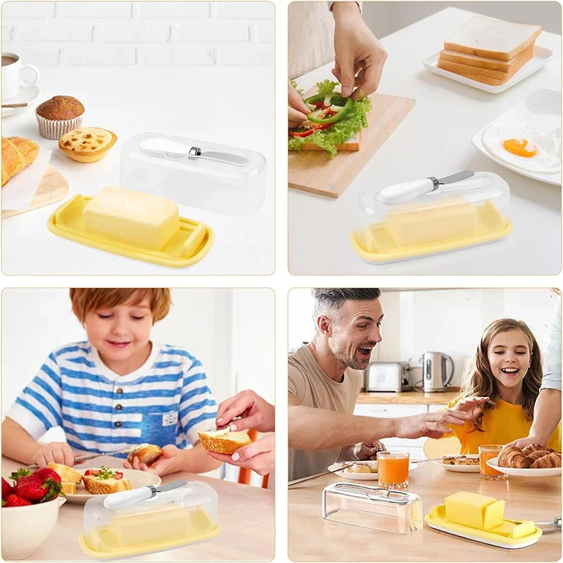 Butter Dish with Lid and Knife, Square Cheese Storage Box, Butter Keeper, Container Holds for Countertop, Tray