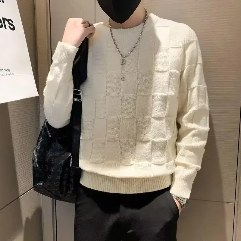 thumbnail image 1 of Suéter de cuello redondo para hombre, estilo coreano, cuello redondo, estilo grunge, suéter de punto para hombre, sudadera divertida de diseñador de algodón, prendas de punto de lujo, 1 of 5