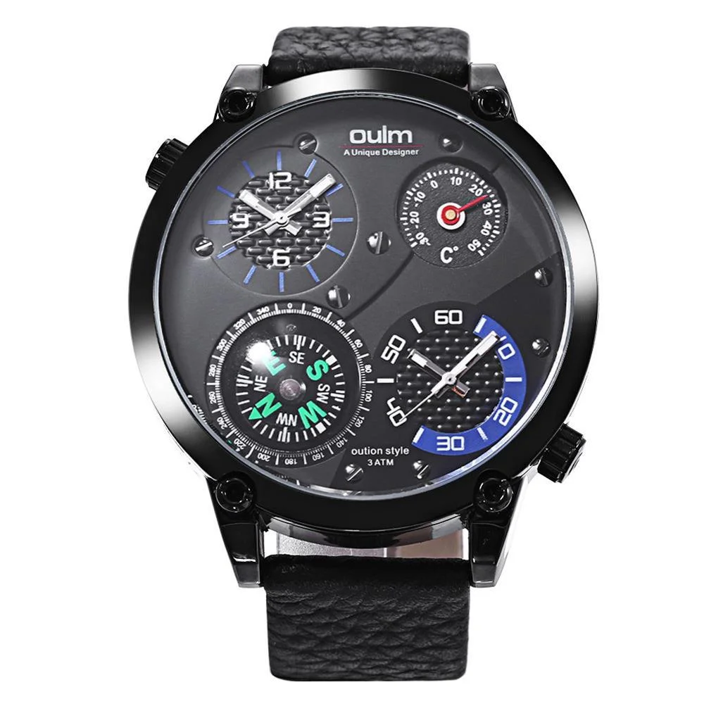 Quartz Watch For Men Tough Guy Thermometer Big Size Large Dial Men's Watch Double Time Zone Compass Leather Relogios Masculino
