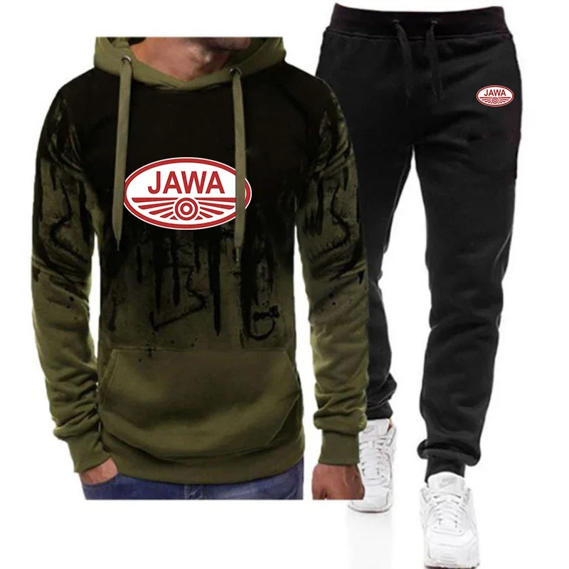 

JAWA Motorcycle 2023 Men's New Long Sleeves Hoodies + Pants Two Piece Suit Gradient Hoodies Casual Sweatpant Set Sportwear