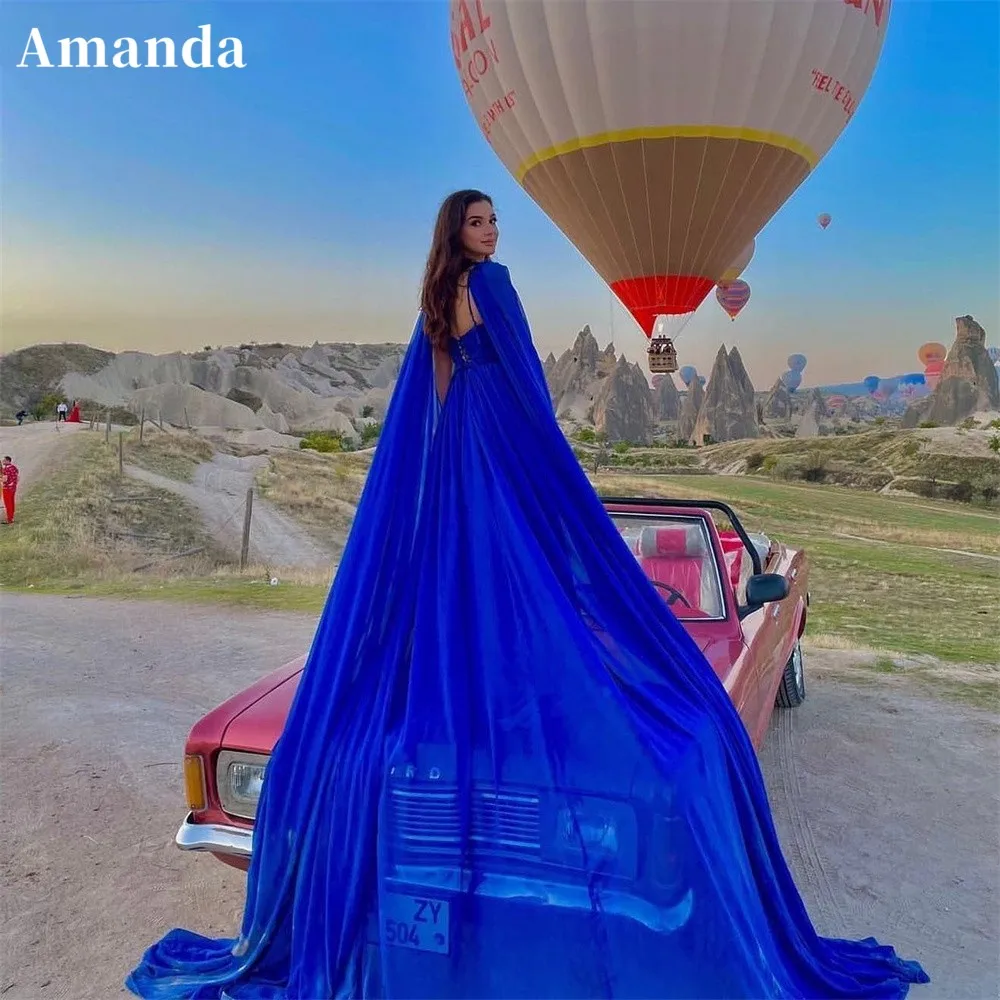 

Amanda Luxury Sapphire Blue Prom Dress 2023 Cape Sleeve Vestidos De Noche Long Sweep Train Fying Dress فساتين مناسبة رسمية