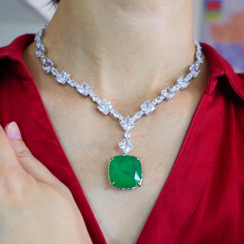 Kqdance Luxe Grote Vierkante 20Mm Lab Groene Edelsteen Smaragd Paraiba Toermalijn Diamond Tennis Ketting Zilver Vergulde Sieraden