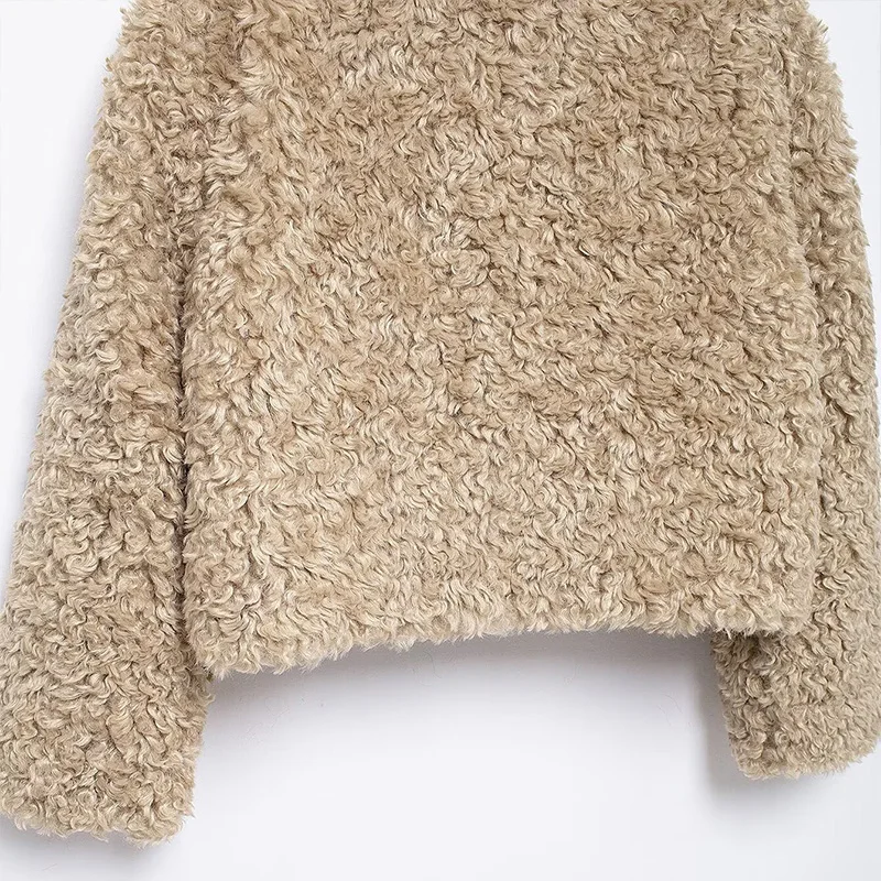 Vintage Lambs Wool Jacket For Women Loose Fleece O-neck Single Breasted Pockets Long Sleeve Fur Coat Autumn Winter Lady Outwear