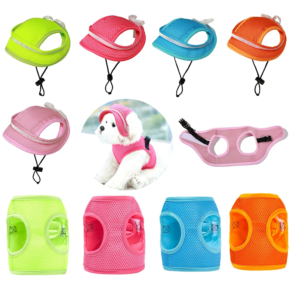 

Outdoor Walking Summer Pet Clothes Adjustable Dogs Harness Vest Breathable Puppy Cats Baseball Visor Hat Solid Sun Bonnet Cap
